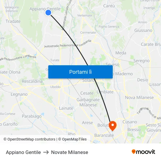 Appiano Gentile to Novate Milanese map