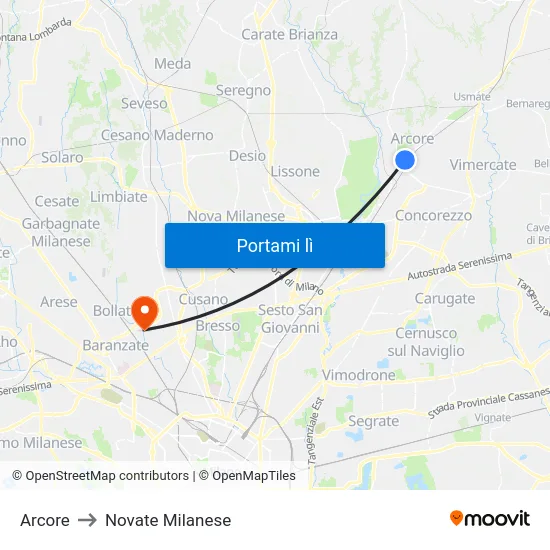 Arcore to Novate Milanese map