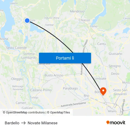 Bardello to Novate Milanese map