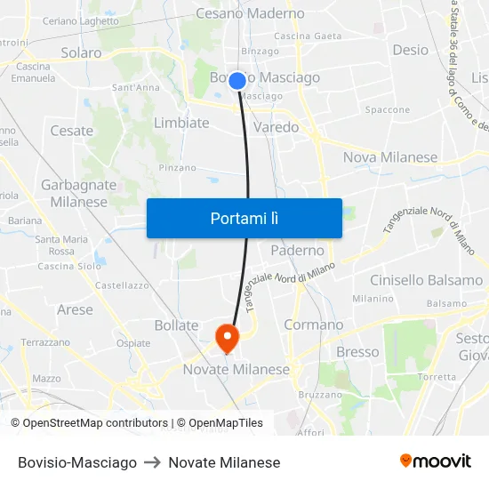 Bovisio-Masciago to Novate Milanese map
