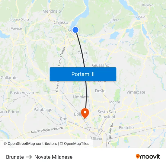 Brunate to Novate Milanese map