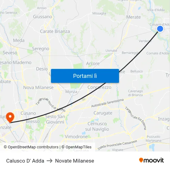 Calusco D' Adda to Novate Milanese map