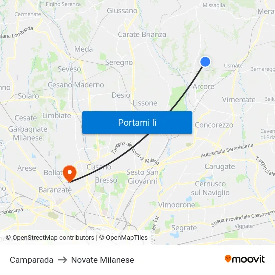 Camparada to Novate Milanese map