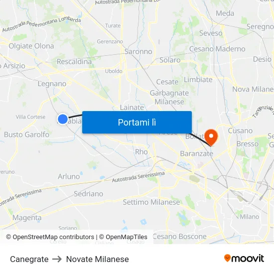 Canegrate to Novate Milanese map