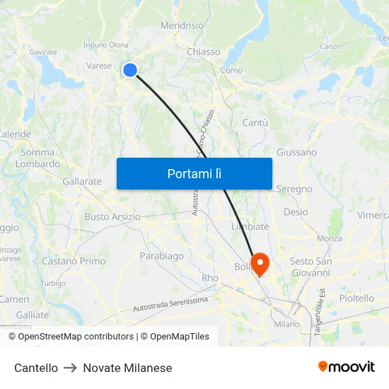 Cantello to Novate Milanese map