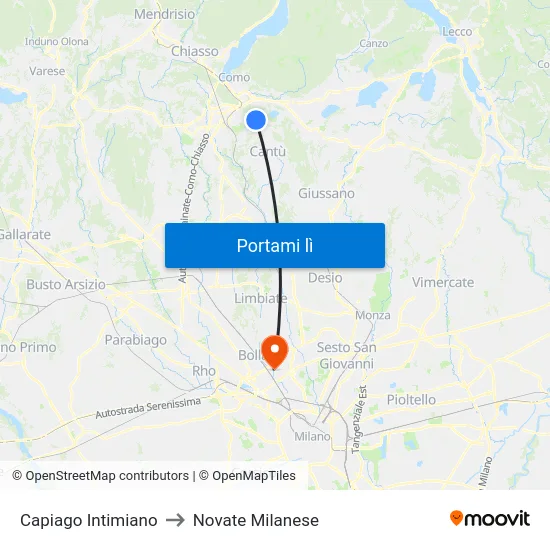Capiago Intimiano to Novate Milanese map