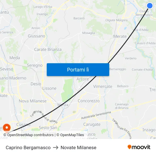 Caprino Bergamasco to Novate Milanese map