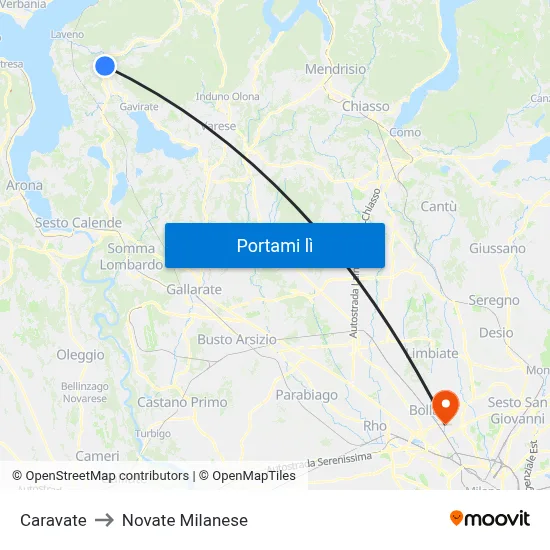 Caravate to Novate Milanese map