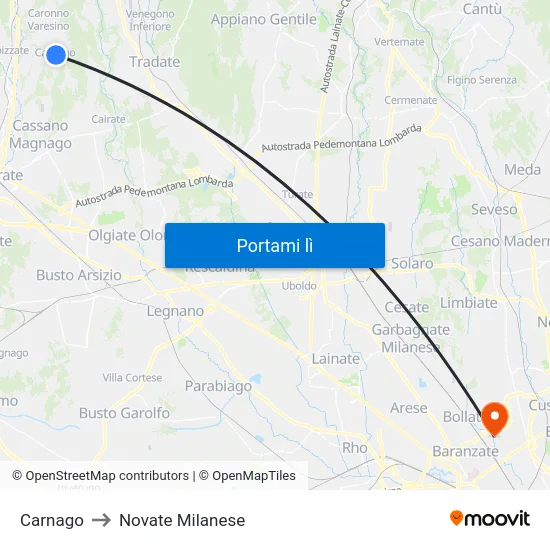 Carnago to Novate Milanese map