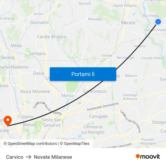 Carvico to Novate Milanese map