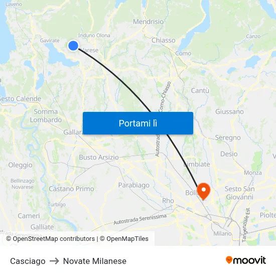 Casciago to Novate Milanese map