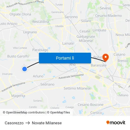 Casorezzo to Novate Milanese map