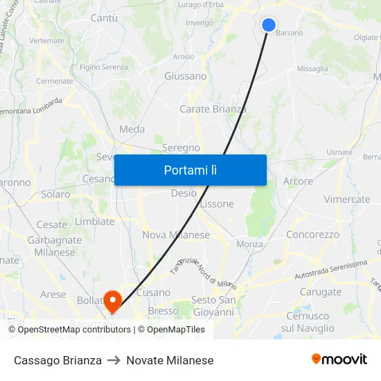 Cassago Brianza to Novate Milanese map