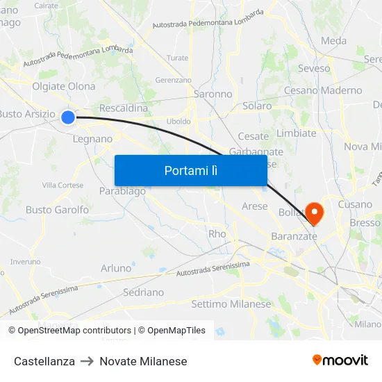 Castellanza to Novate Milanese map