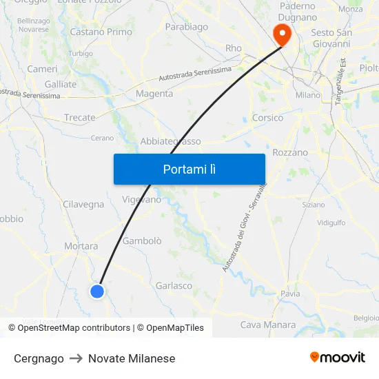 Cergnago to Novate Milanese map