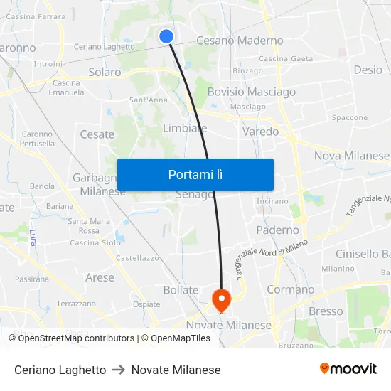 Ceriano Laghetto to Novate Milanese map