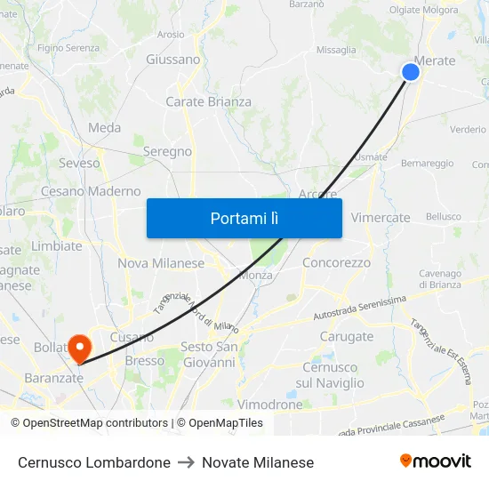 Cernusco Lombardone to Novate Milanese map
