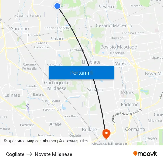Cogliate to Novate Milanese map