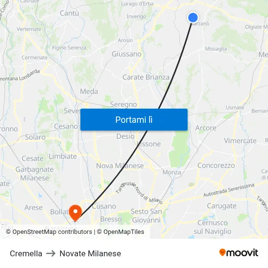 Cremella to Novate Milanese map