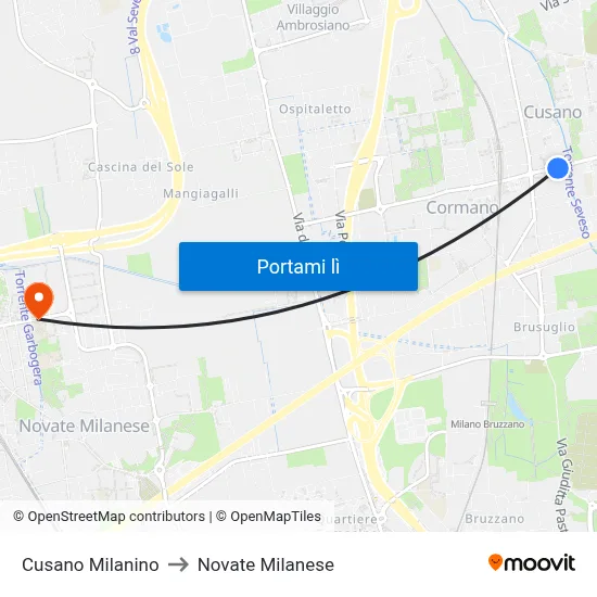 Cusano Milanino to Novate Milanese map