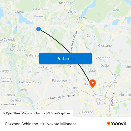 Gazzada Schianno to Novate Milanese map