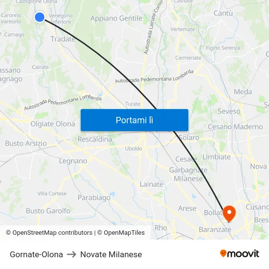 Gornate-Olona to Novate Milanese map