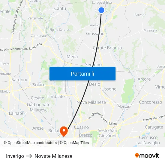 Inverigo to Novate Milanese map