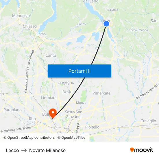 Lecco to Novate Milanese map
