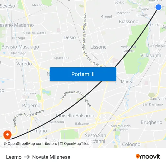 Lesmo to Novate Milanese map