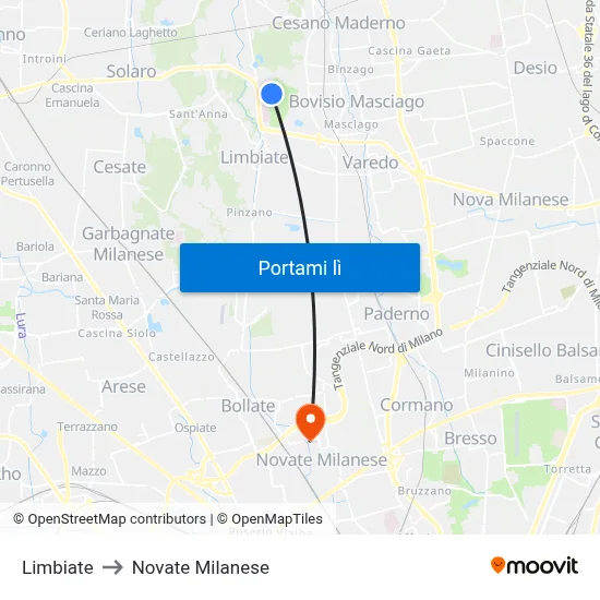 Limbiate to Novate Milanese map