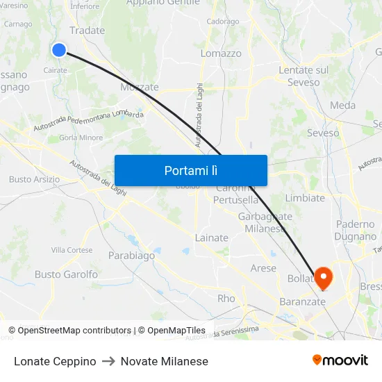 Lonate Ceppino to Novate Milanese map