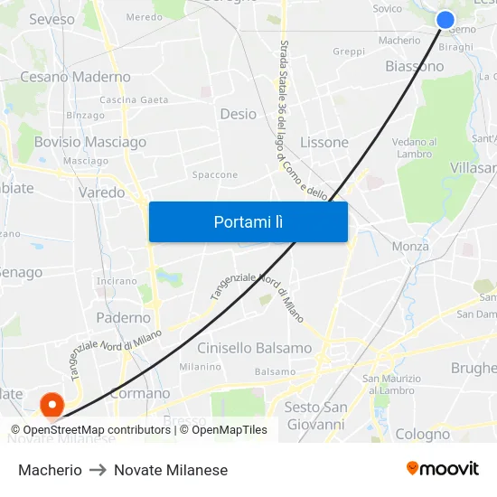Macherio to Novate Milanese map