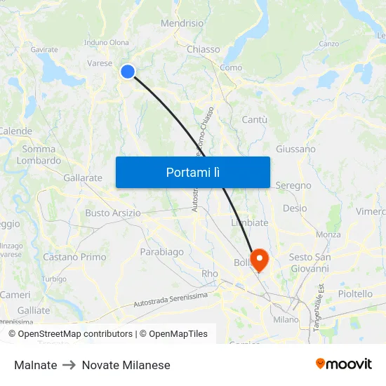 Malnate to Novate Milanese map