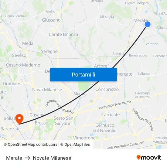 Merate to Novate Milanese map