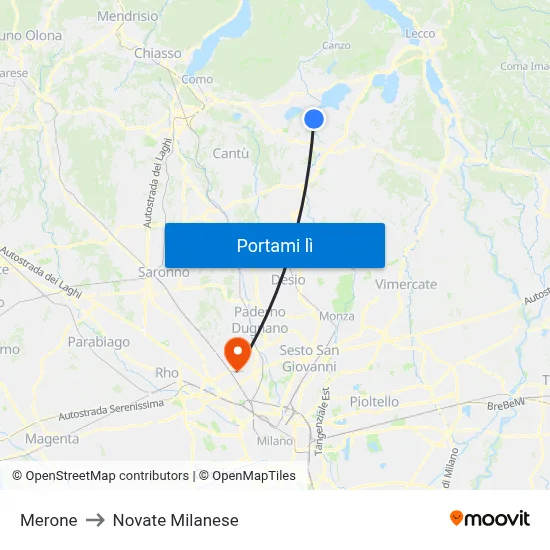Merone to Novate Milanese map