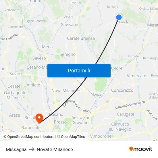Missaglia to Novate Milanese map