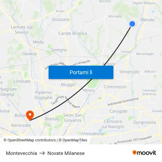 Montevecchia to Novate Milanese map