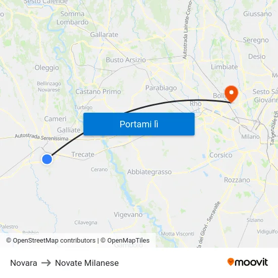 Novara to Novate Milanese map
