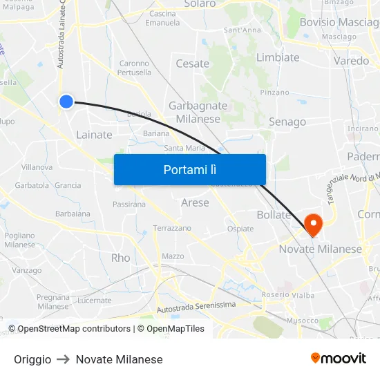 Origgio to Novate Milanese map