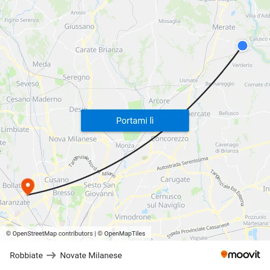 Robbiate to Novate Milanese map