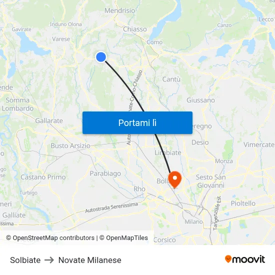 Solbiate to Novate Milanese map