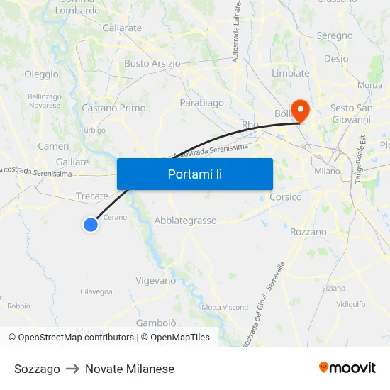 Sozzago to Novate Milanese map