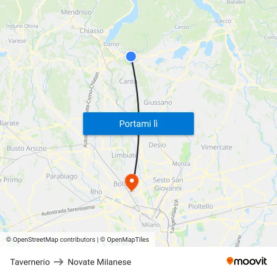 Tavernerio to Novate Milanese map