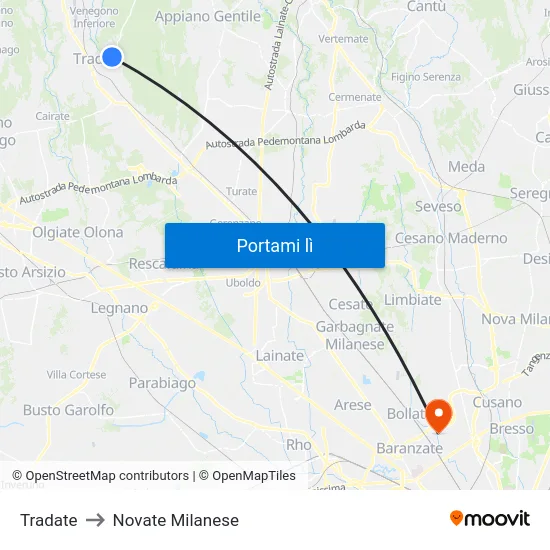 Tradate to Novate Milanese map