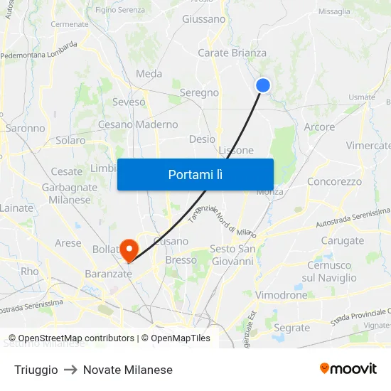 Triuggio to Novate Milanese map
