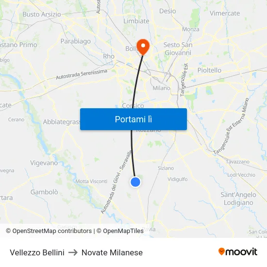 Vellezzo Bellini to Novate Milanese map