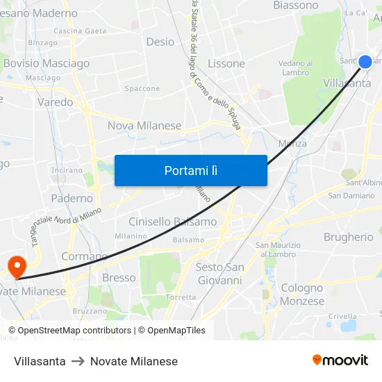 Villasanta to Novate Milanese map