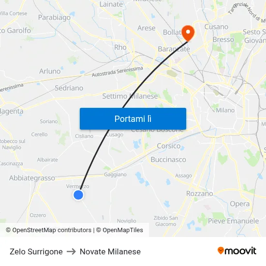 Zelo Surrigone to Novate Milanese map