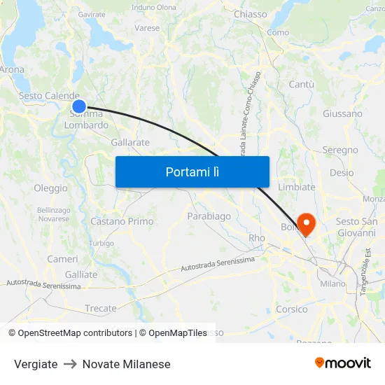 Vergiate to Novate Milanese map