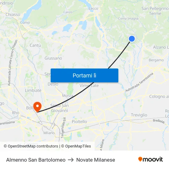 Almenno San Bartolomeo to Novate Milanese map